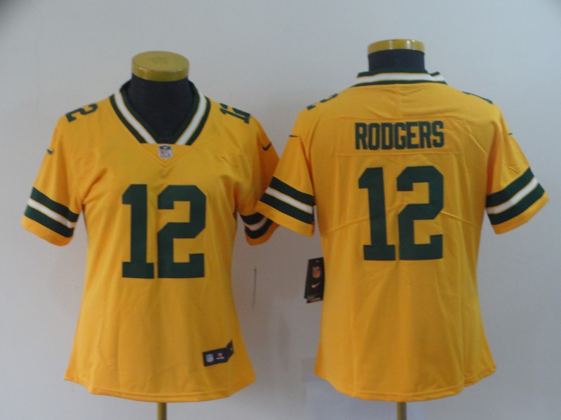 Women Green Bay Packers #12 Rodgers yellow Nike Vapor Untouchable Limited NFL Jerse->women nfl jersey->Women Jersey